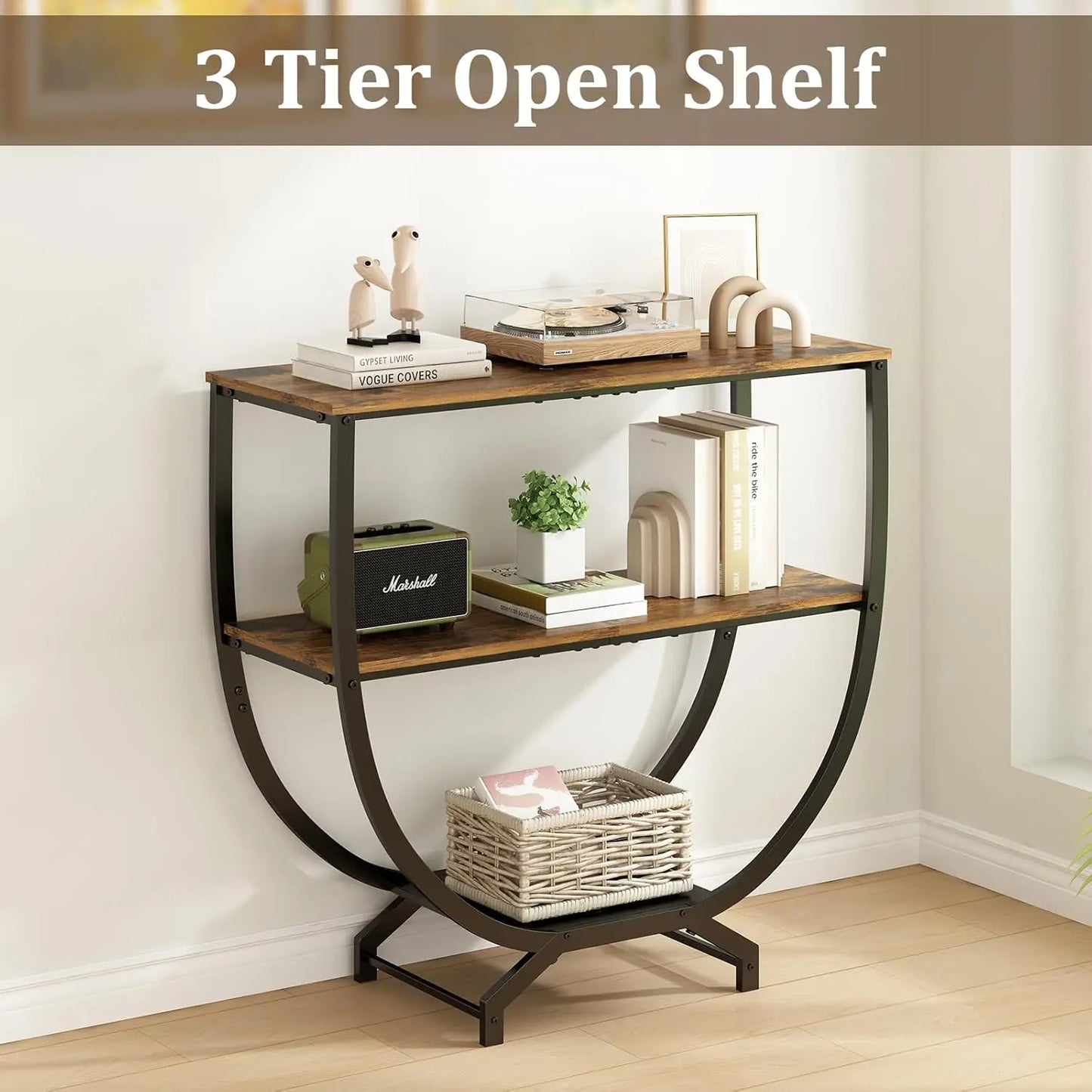 Rustic Brown 3-Tier Console Table with Storage