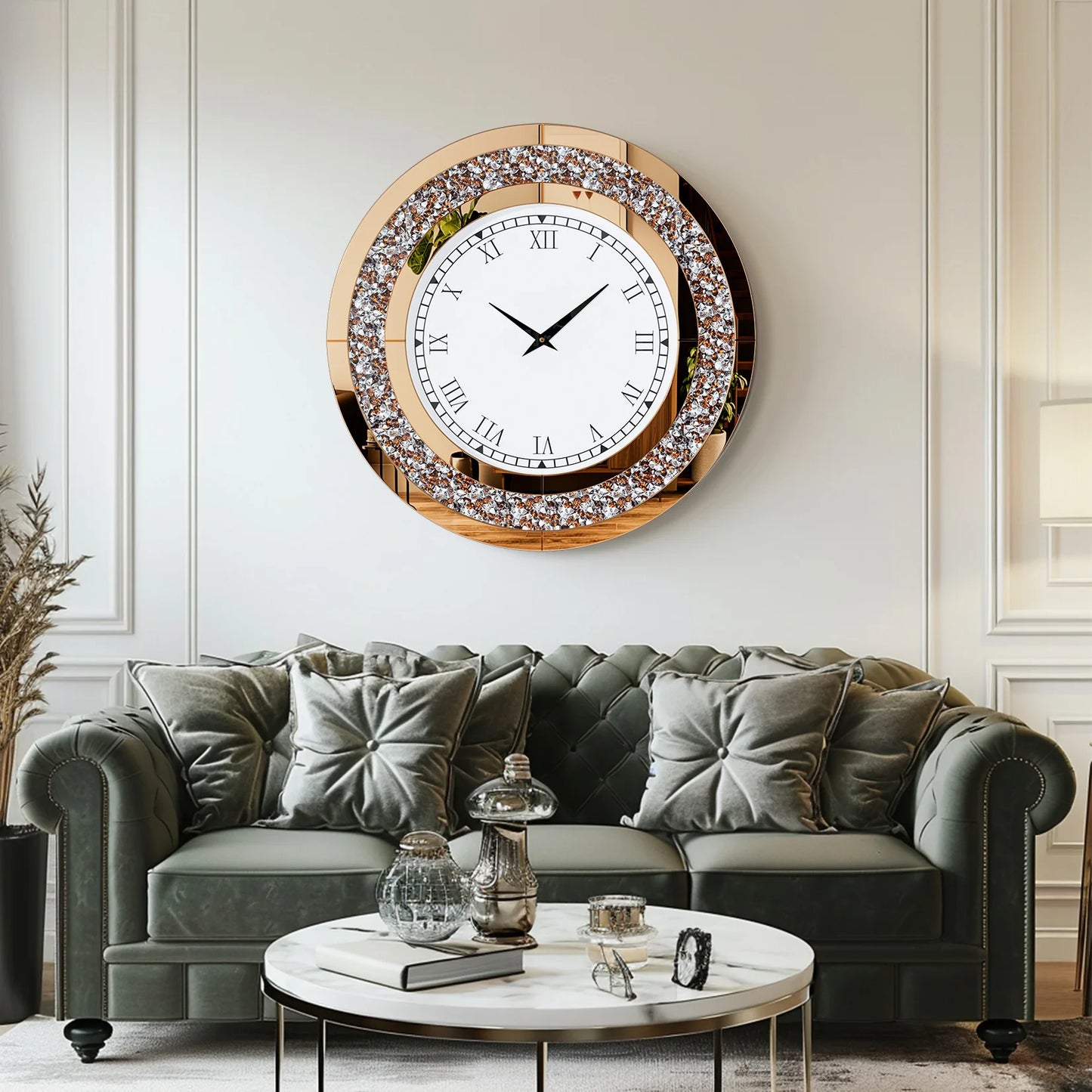 Silver, Tawny Tinted Crush Diamond Large Mirrored Wall Clock