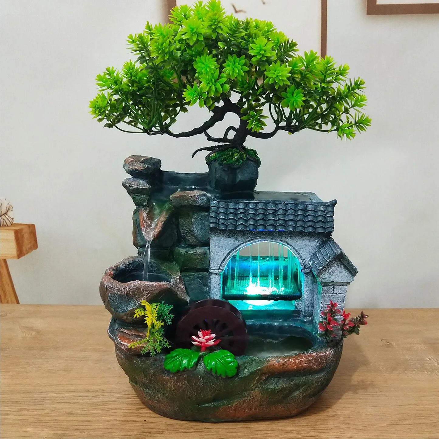 Desktop Waterfall Fountain LED Light Adjustable Water Flow