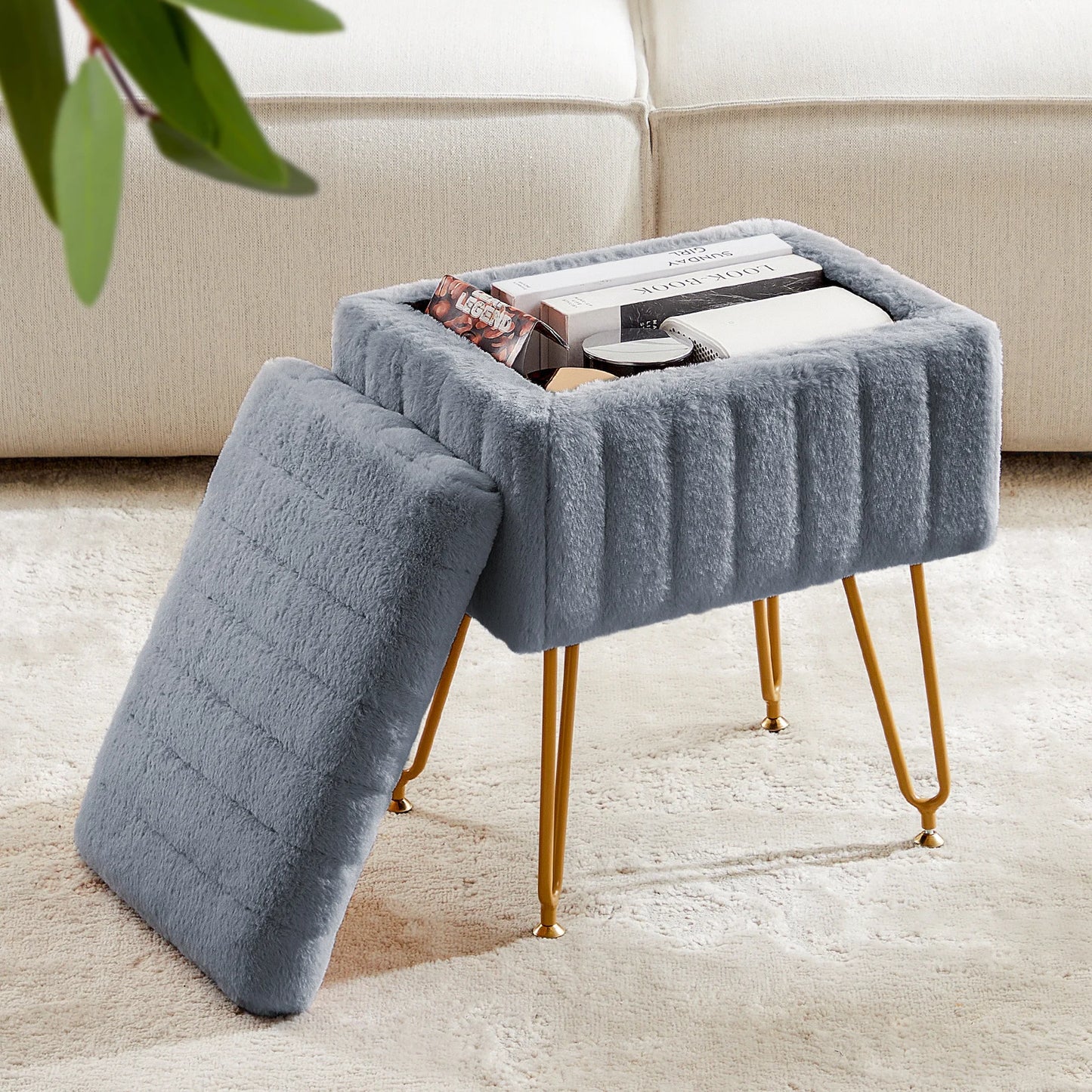 Faux Fur Living Room Hidden Storage Ottoman