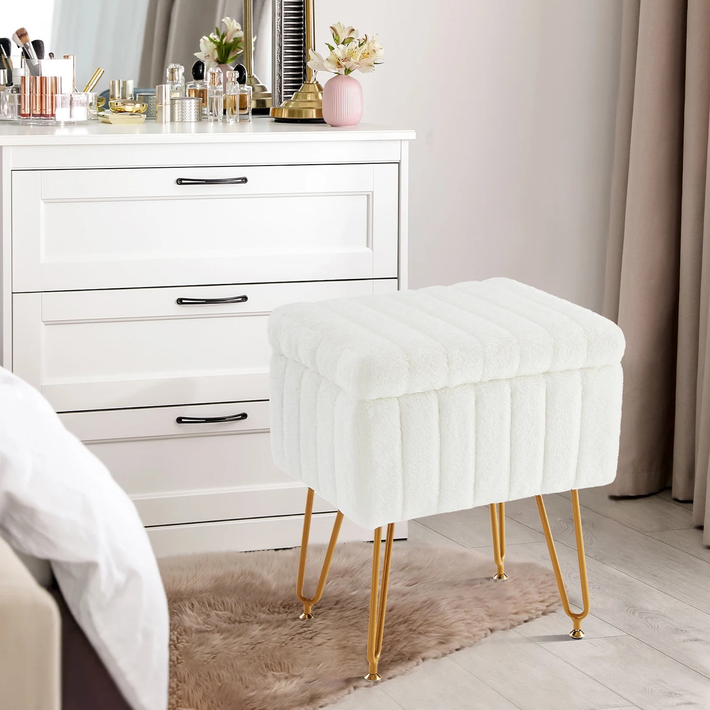 Faux Fur Living Room Hidden Storage Ottoman