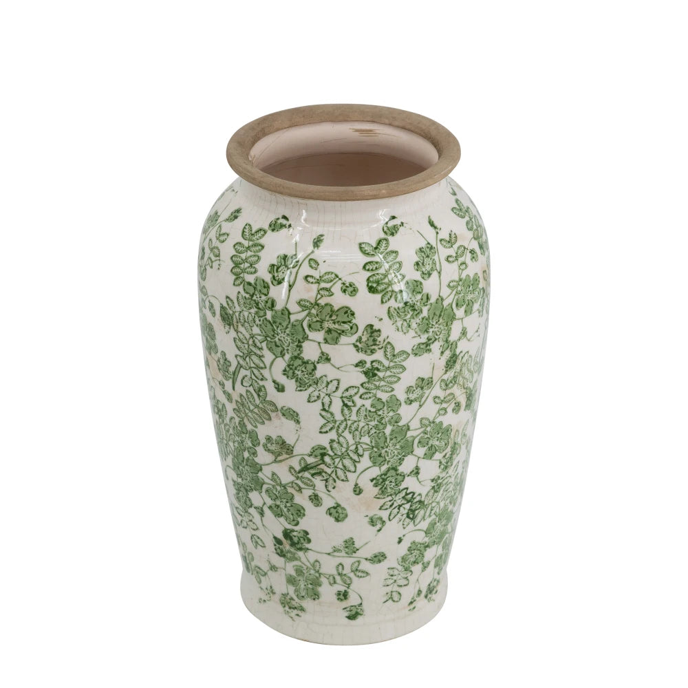 White Ceramic Flower Vase with Green Floral Pattern