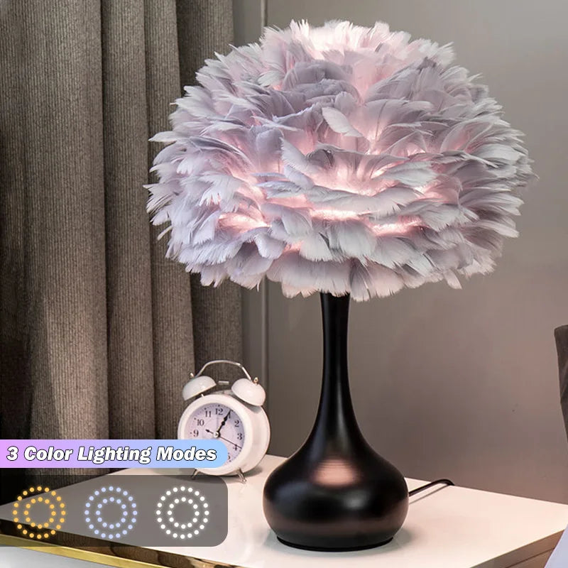 LED Feather Bedroom Table Lamp Night Light