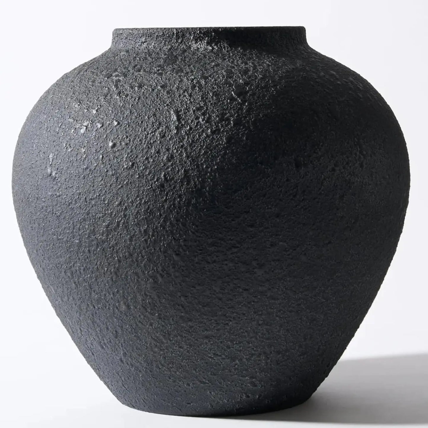 Rustic Modern Black Round Vase w/ Pottery Look