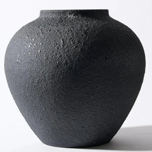 Rustic Modern Black Round Vase w/ Pottery Look