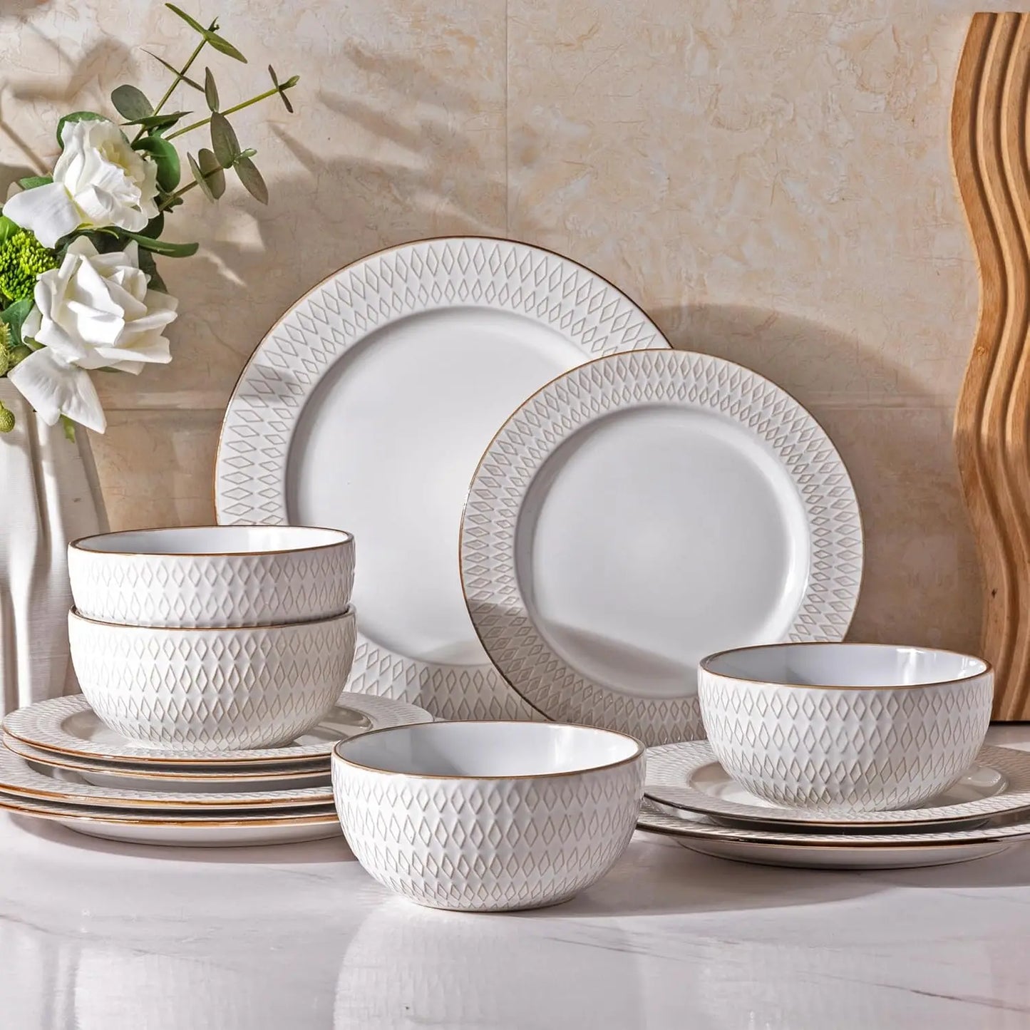 Ceramic Dinnerware Sets,12-pcs Embossed Elegant Stoneware