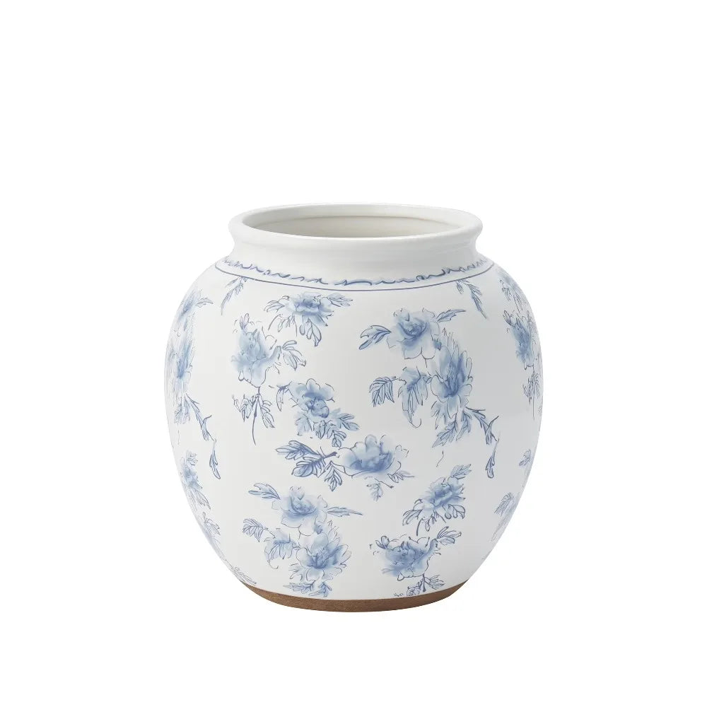 Blue Floral Pattern Round Ceramic Vase