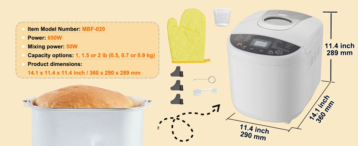 2/3 LB Bread Maker 15-in-1 Dough Machine