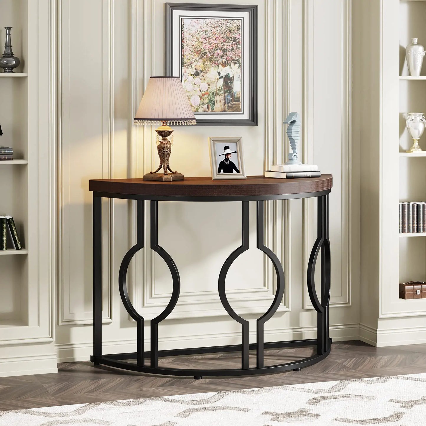 43-Inch Half Moon Console Table w/ Geometric Base