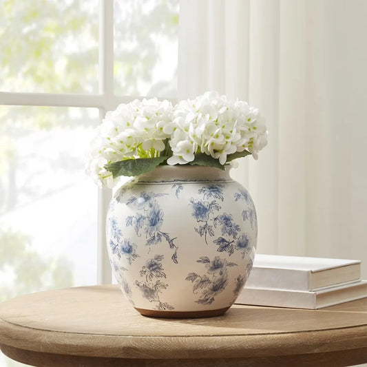 Blue Floral Pattern Round Ceramic Vase
