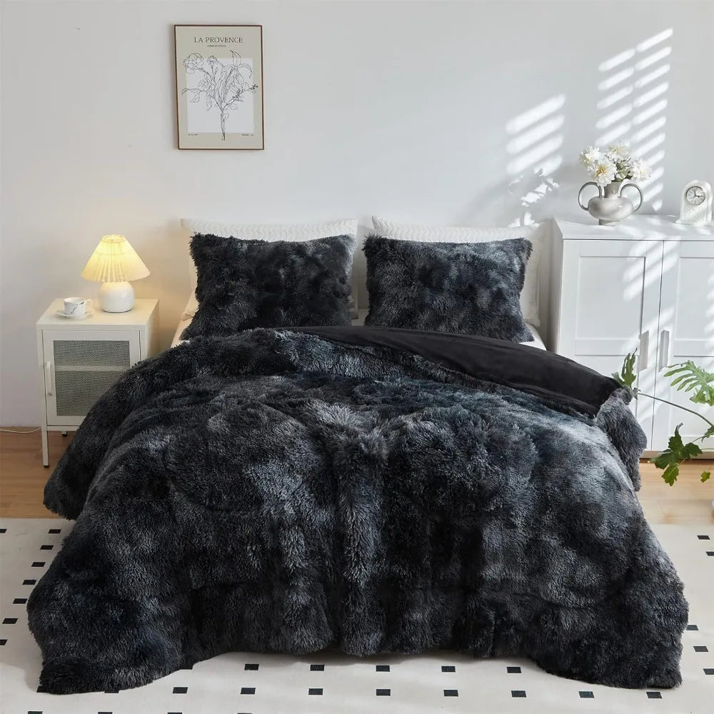 3PC King Size Faux Fur Black Comforter Set