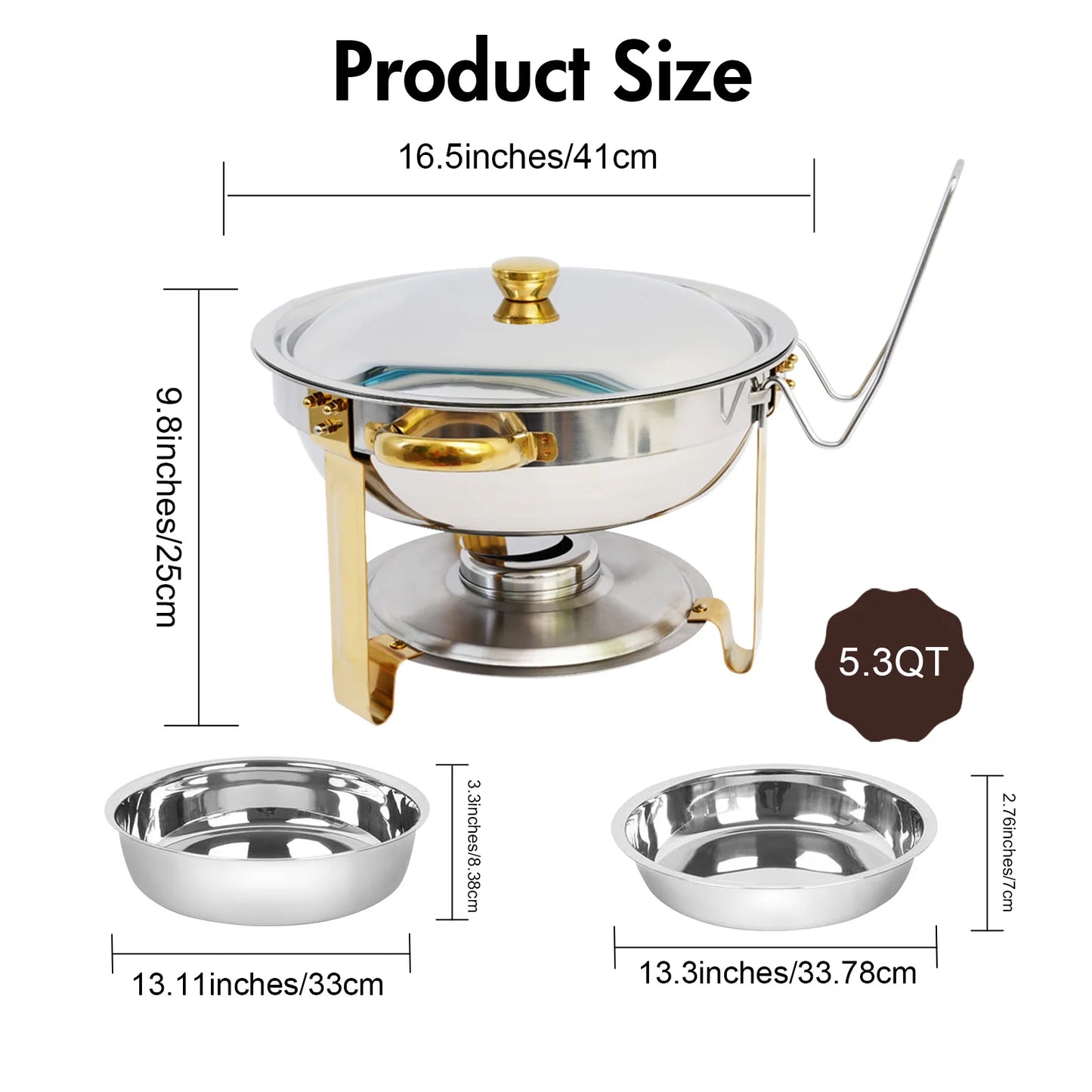 5QT Chafing Dish Buffet Set Stainless Steel Round Half-Gold Plated