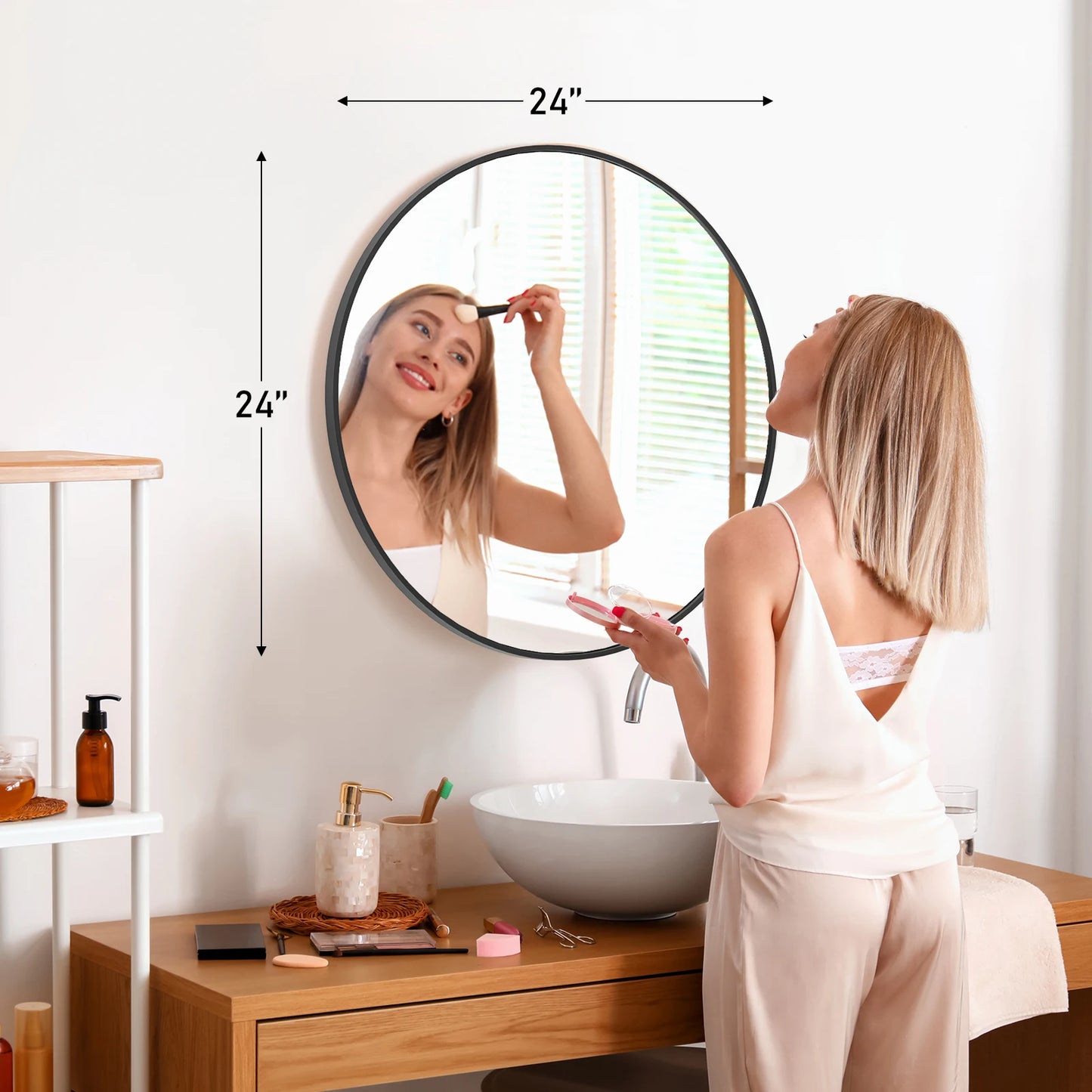 Modern Round Tempered Glass Mirror w/ Matte Metal Frame