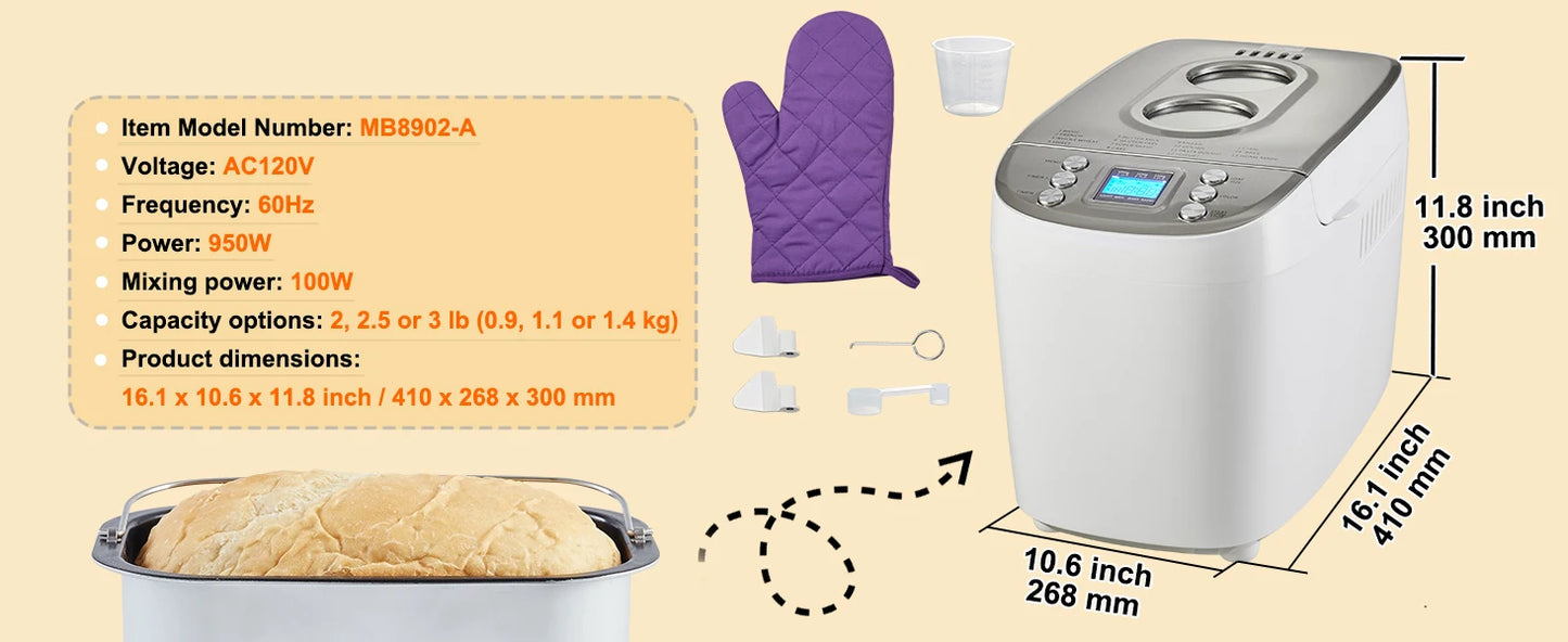 2/3 LB Bread Maker 15-in-1 Dough Machine
