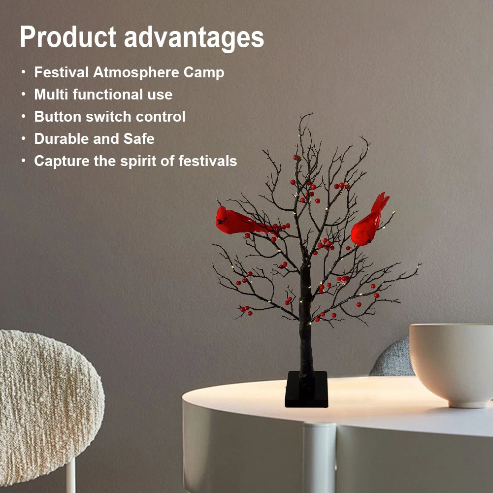 LED Light Tree Red Bird & Berries Table Decoration