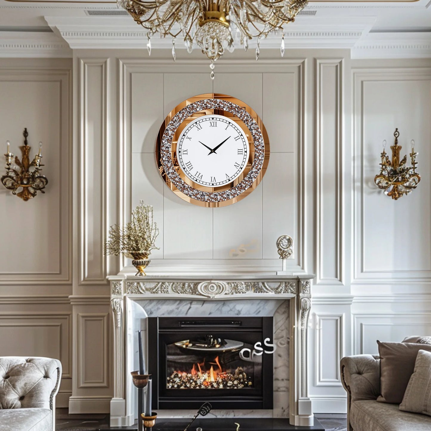 Silver, Tawny Tinted Crush Diamond Large Mirrored Wall Clock