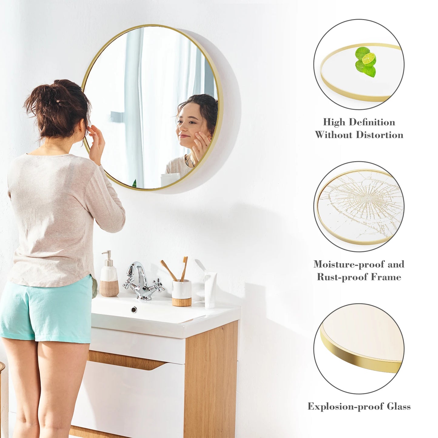 Modern Round Tempered Glass Mirror w/ Matte Metal Frame
