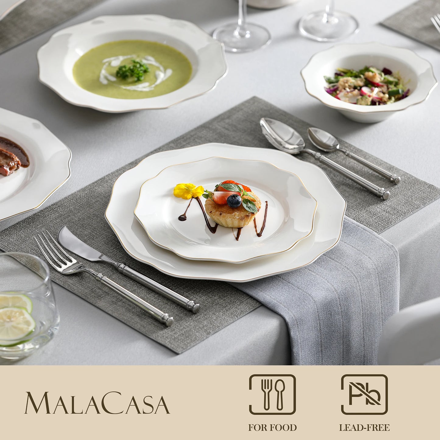 16/32-PC Golden Rim White Porcelain Tableware Set