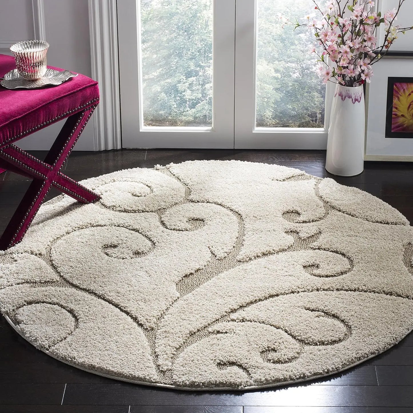 4' Round Shag Area Rug - Cream & Beige Scroll Design
