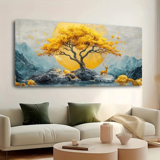 Abstract Yellow Tree| Stone| Deer Painted Wall Decor