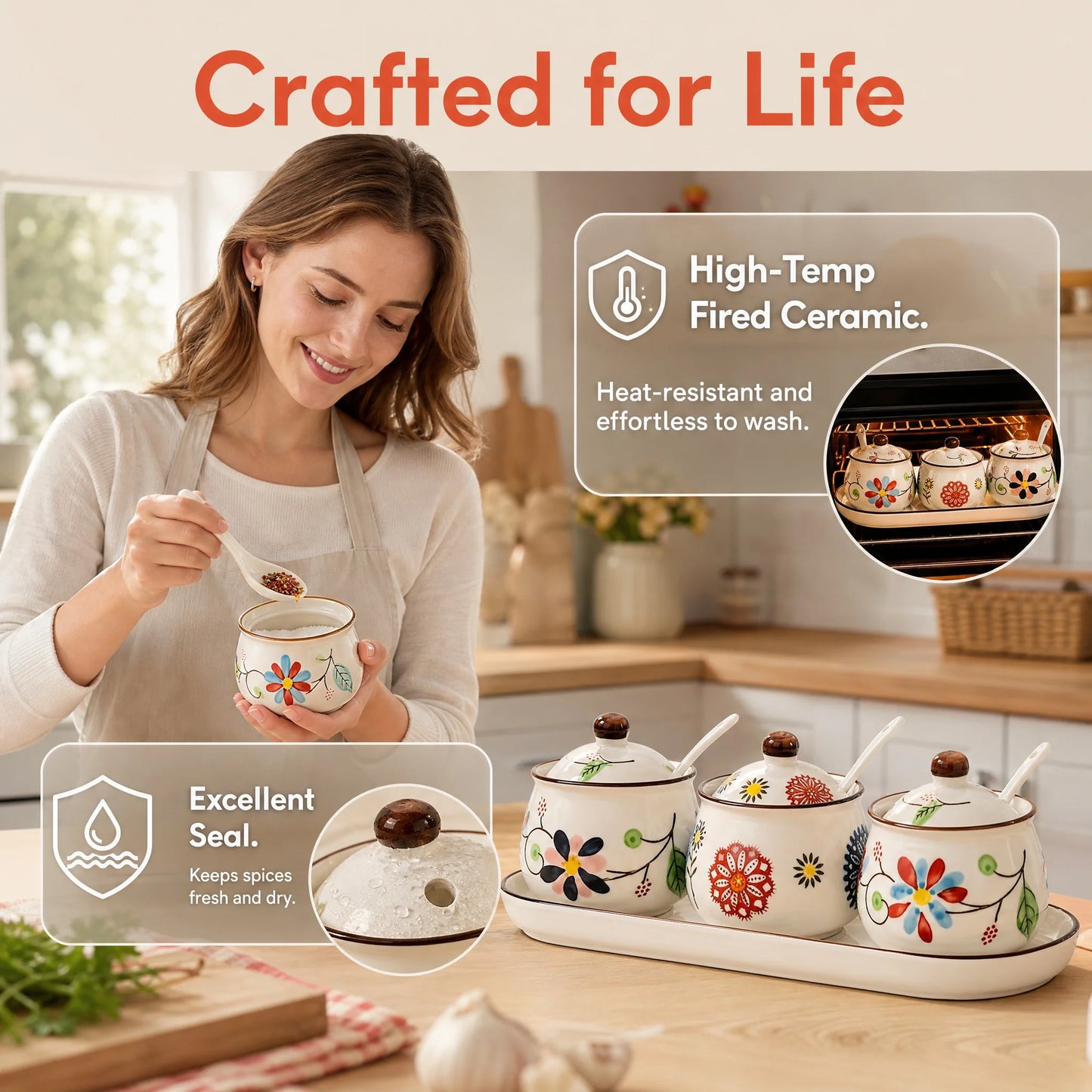3-Piece Ceramic Spice Jar Set with Tray