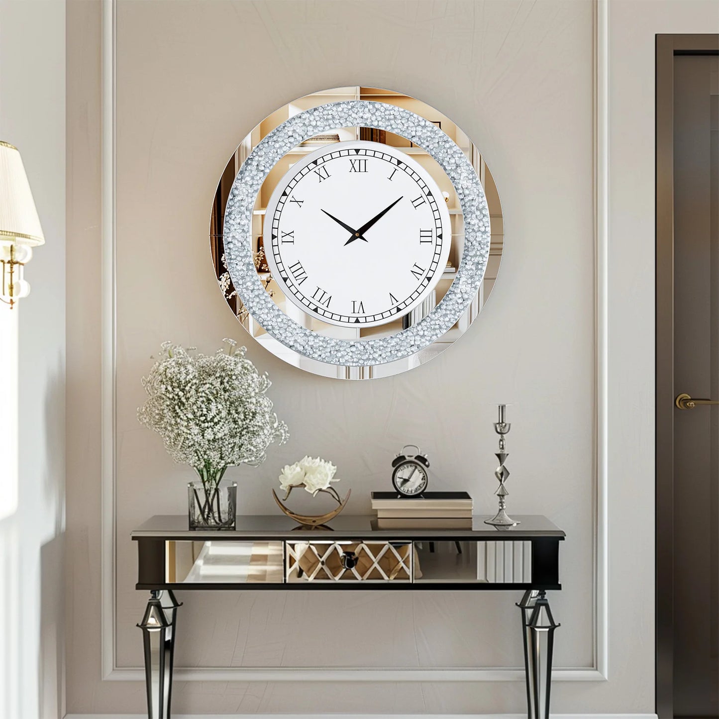 Silver, Tawny Tinted Crush Diamond Large Mirrored Wall Clock