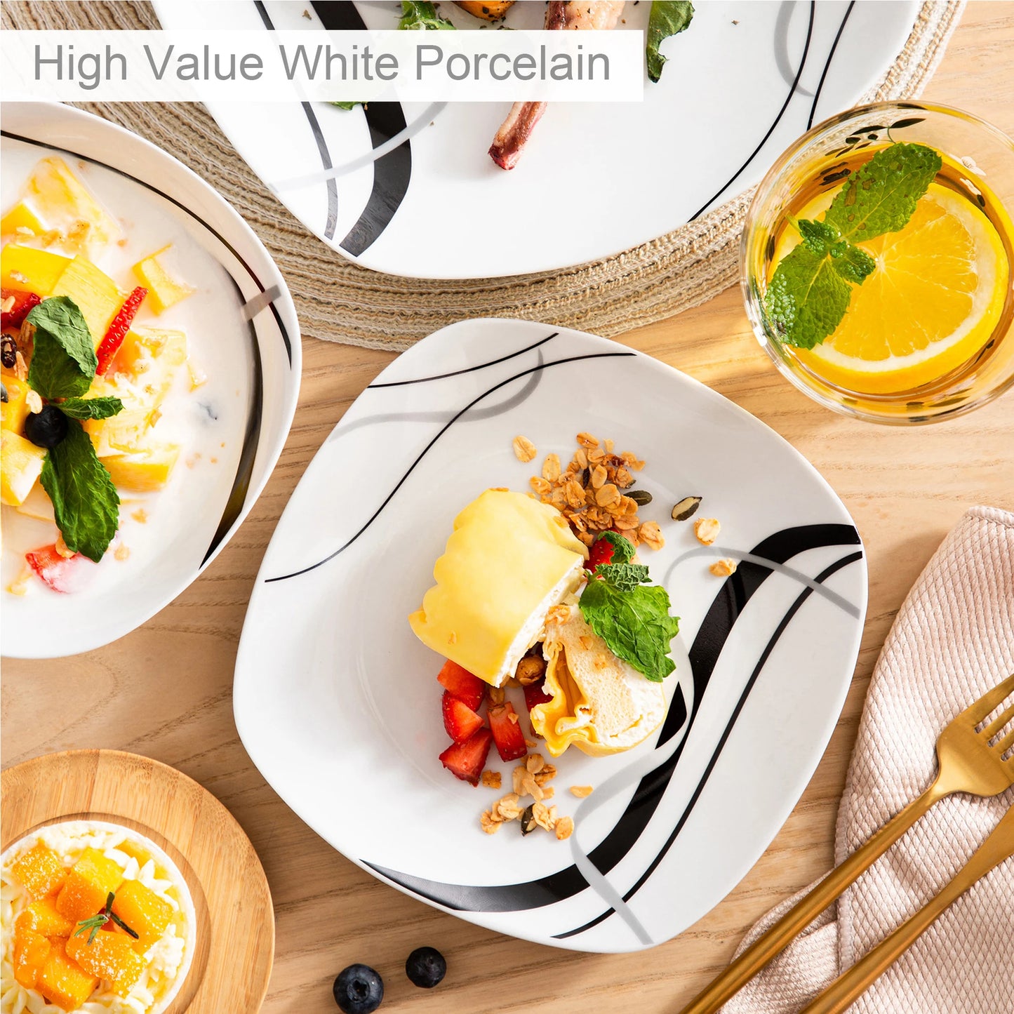 18/36-Piece Porcelain Ceramic Black Line Tableware Plate Set