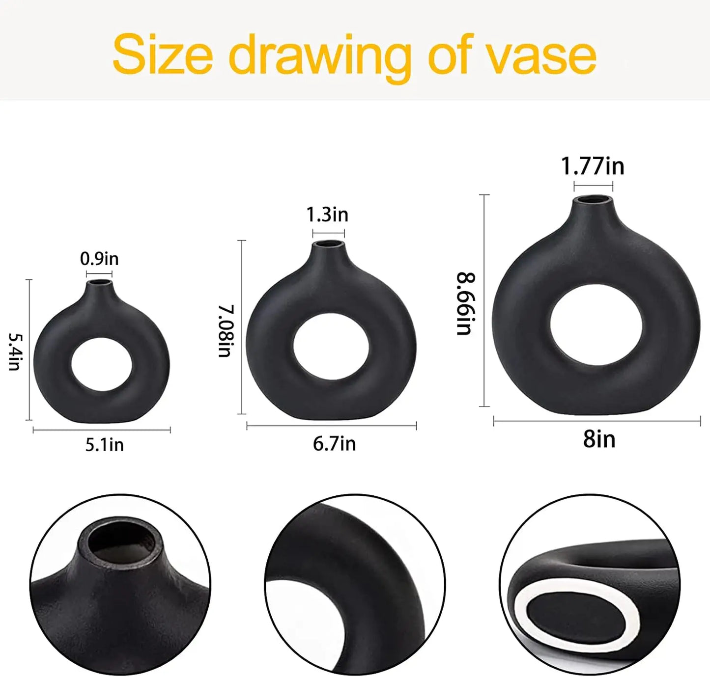 Black Ceramic Vases Set-of-3 Modern Home Decor