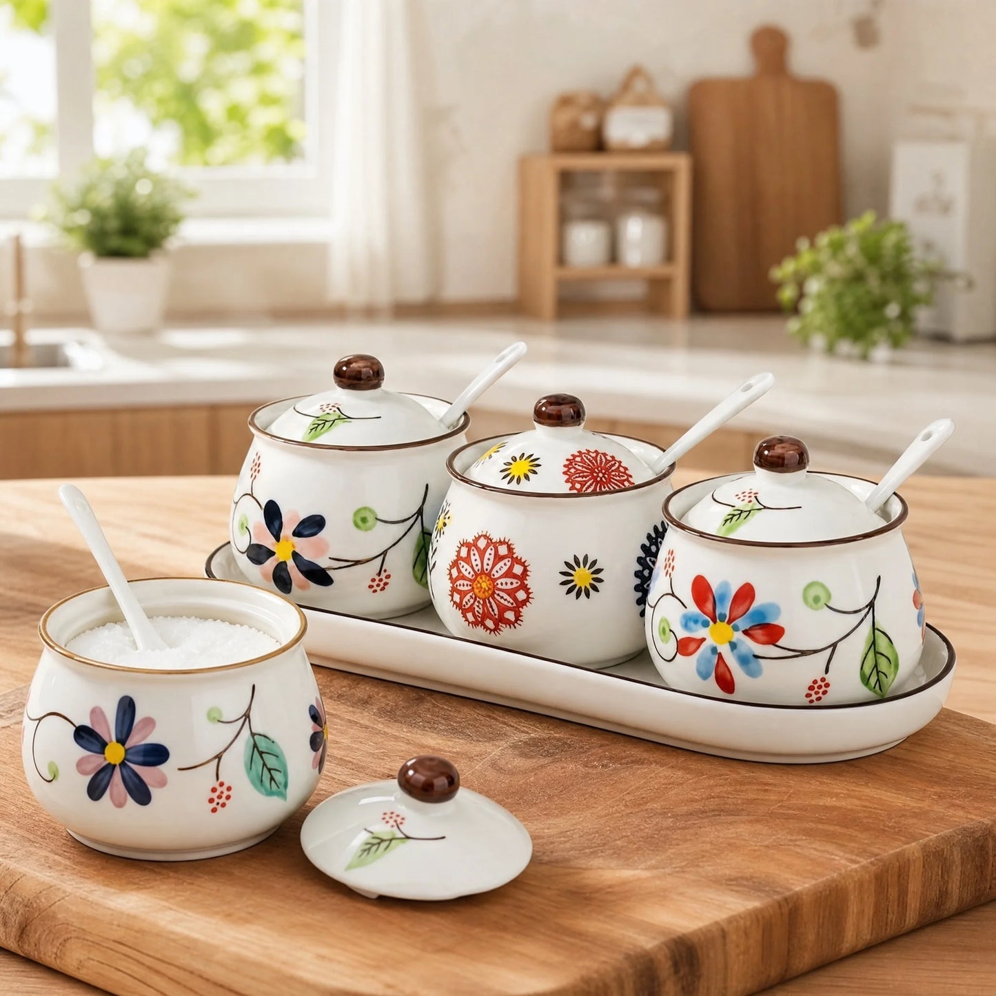 3-Piece Ceramic Spice Jar Set with Tray