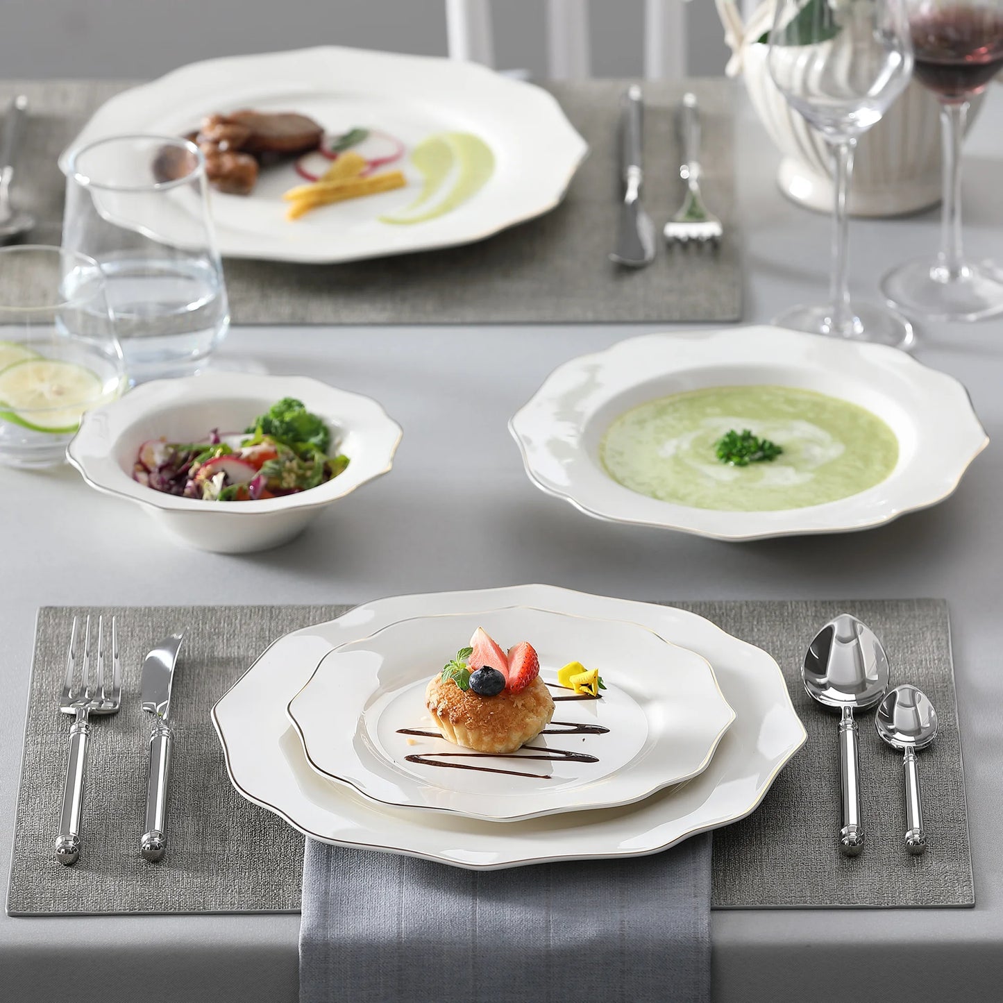 16/32-PC Golden Rim White Porcelain Tableware Set
