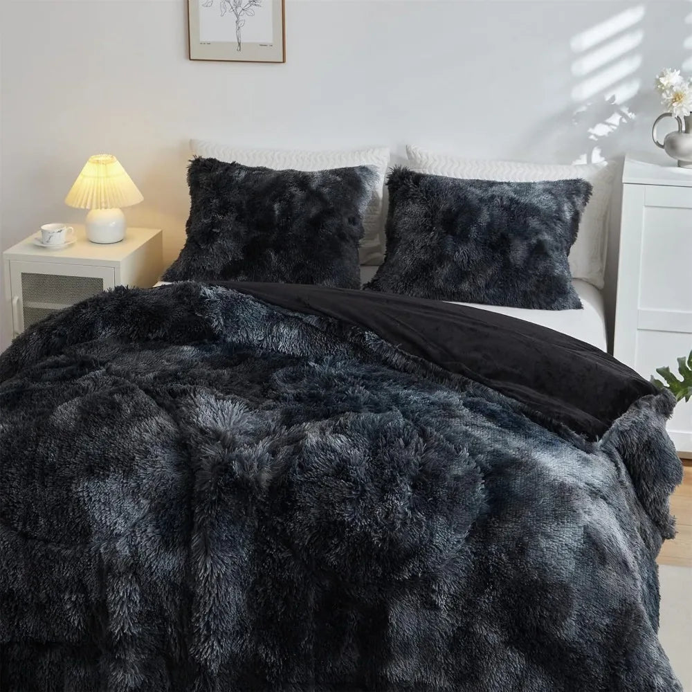 3PC King Size Faux Fur Black Comforter Set