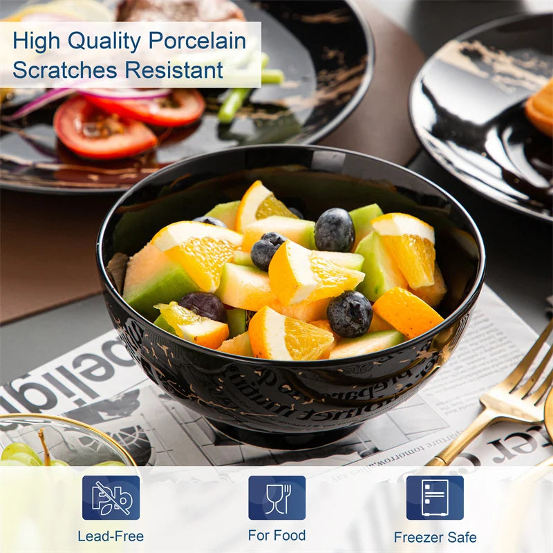 Black Porcelain Tableware Set By Gold Splash 16 Pcs