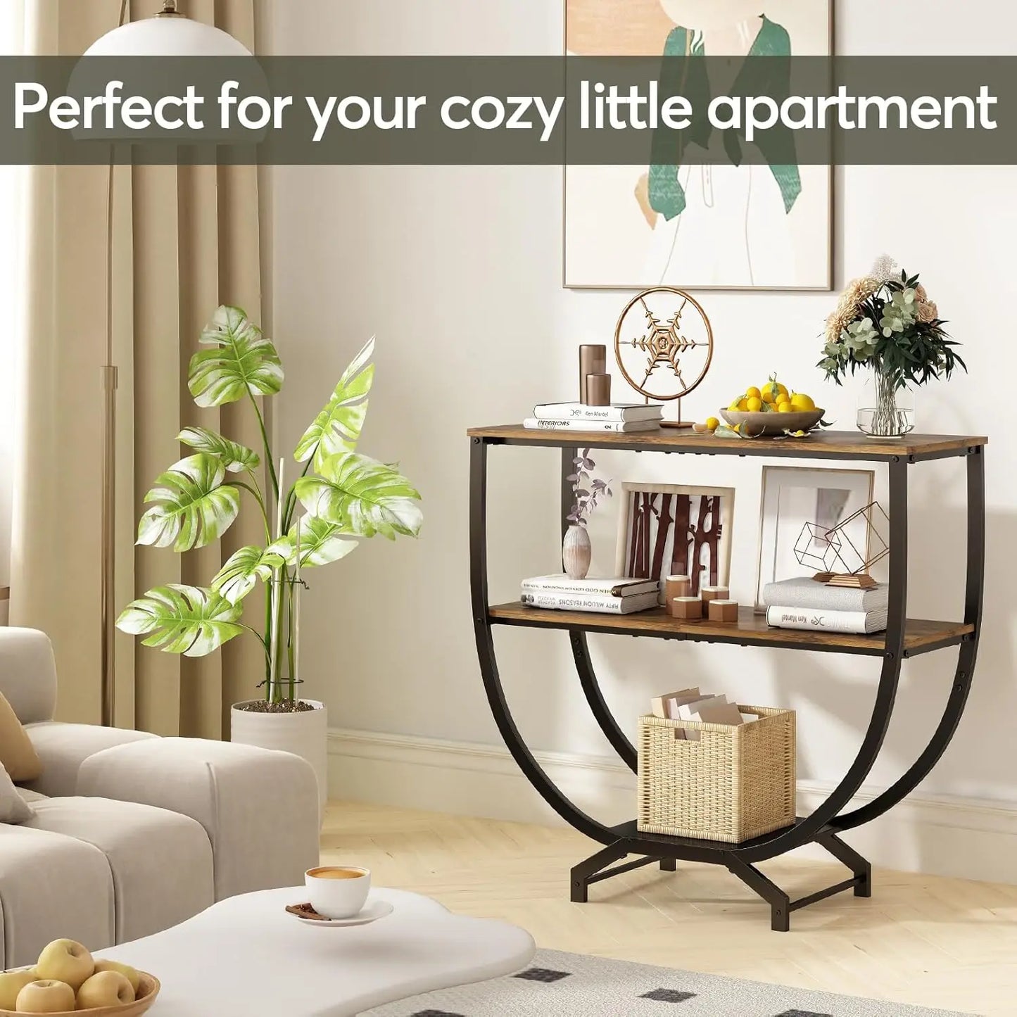 Rustic Brown 3-Tier Console Table with Storage