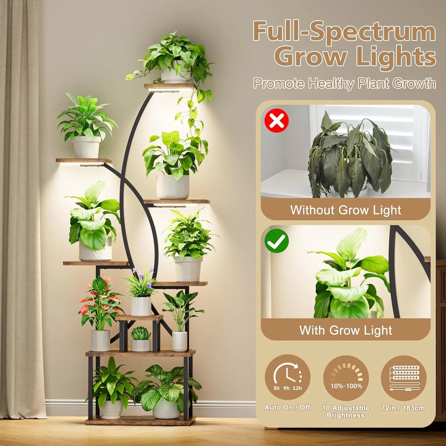 65" Tall Metal Plant Stand with Grow Lights