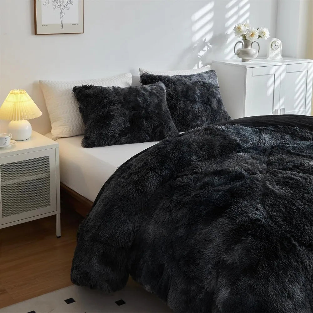 3PC King Size Faux Fur Black Comforter Set