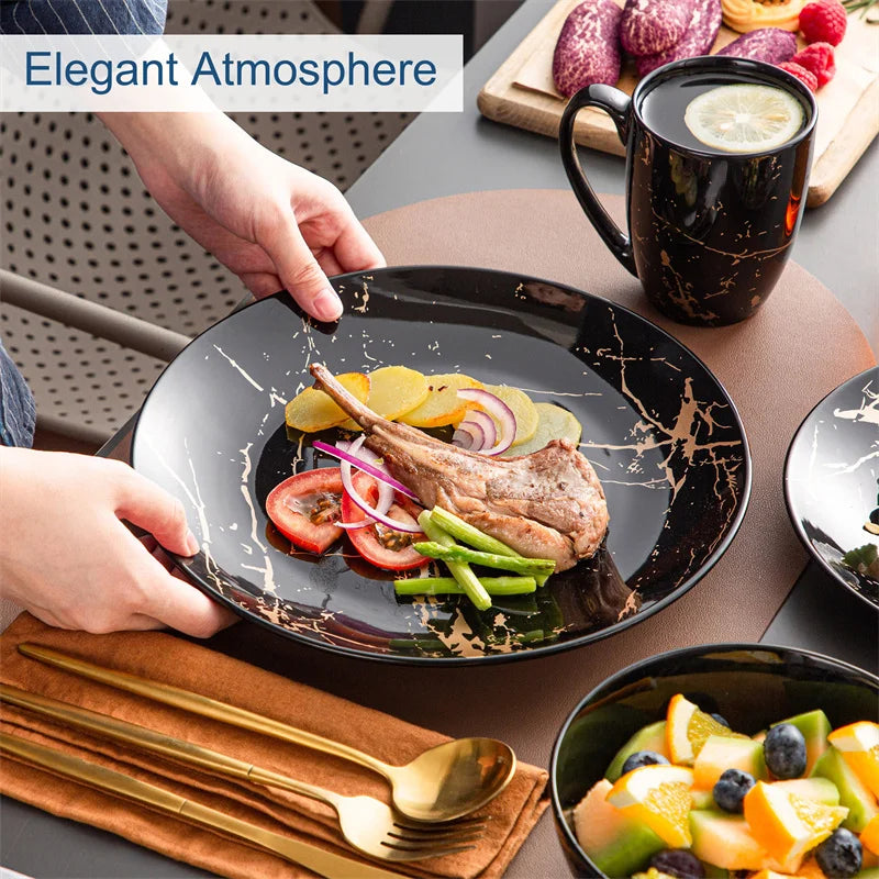 Black Porcelain Tableware Set By Gold Splash 16 Pcs
