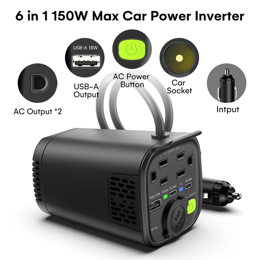 6-in-1 150W Car Power Inverter Fast Car Charger