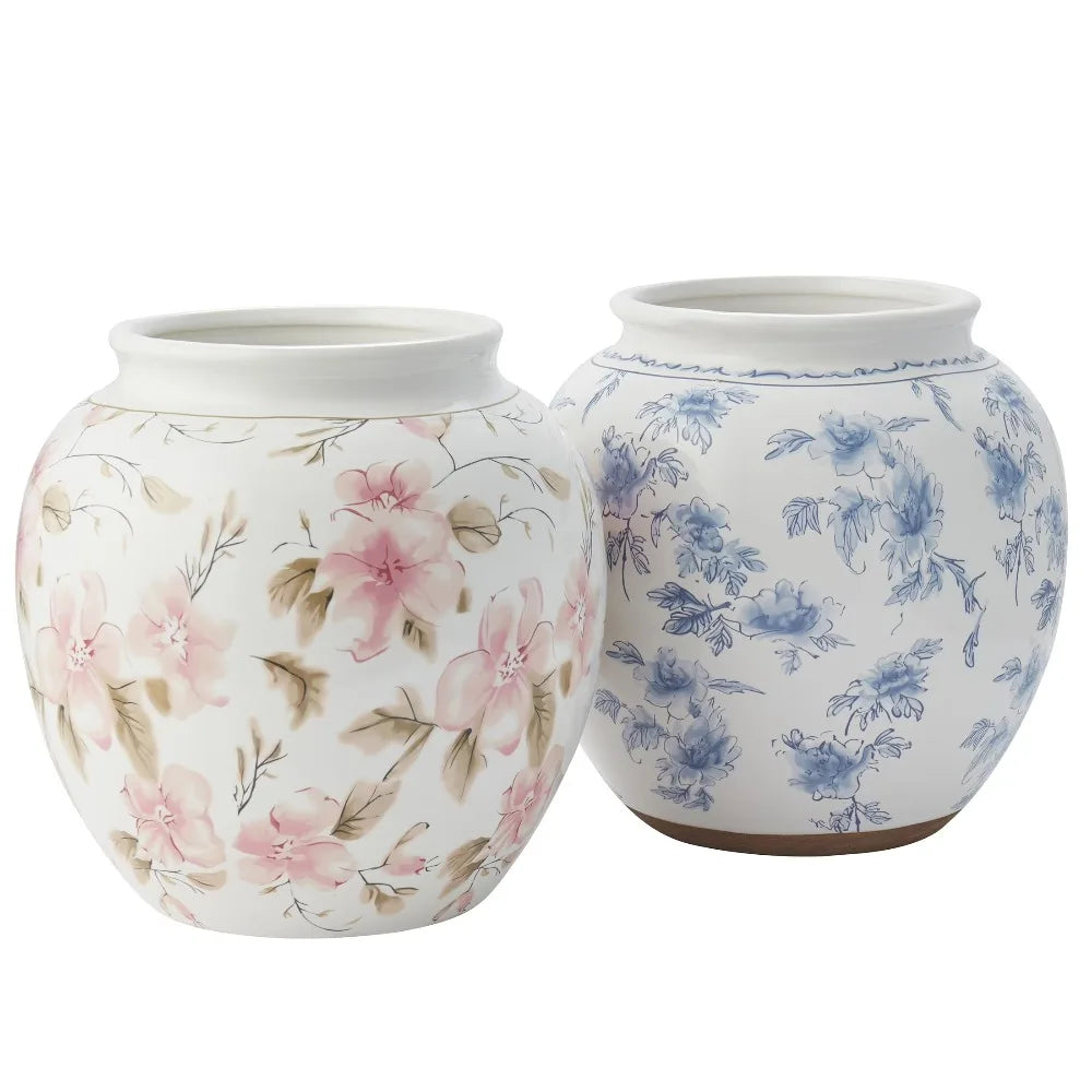 Blue Floral Pattern Round Ceramic Vase