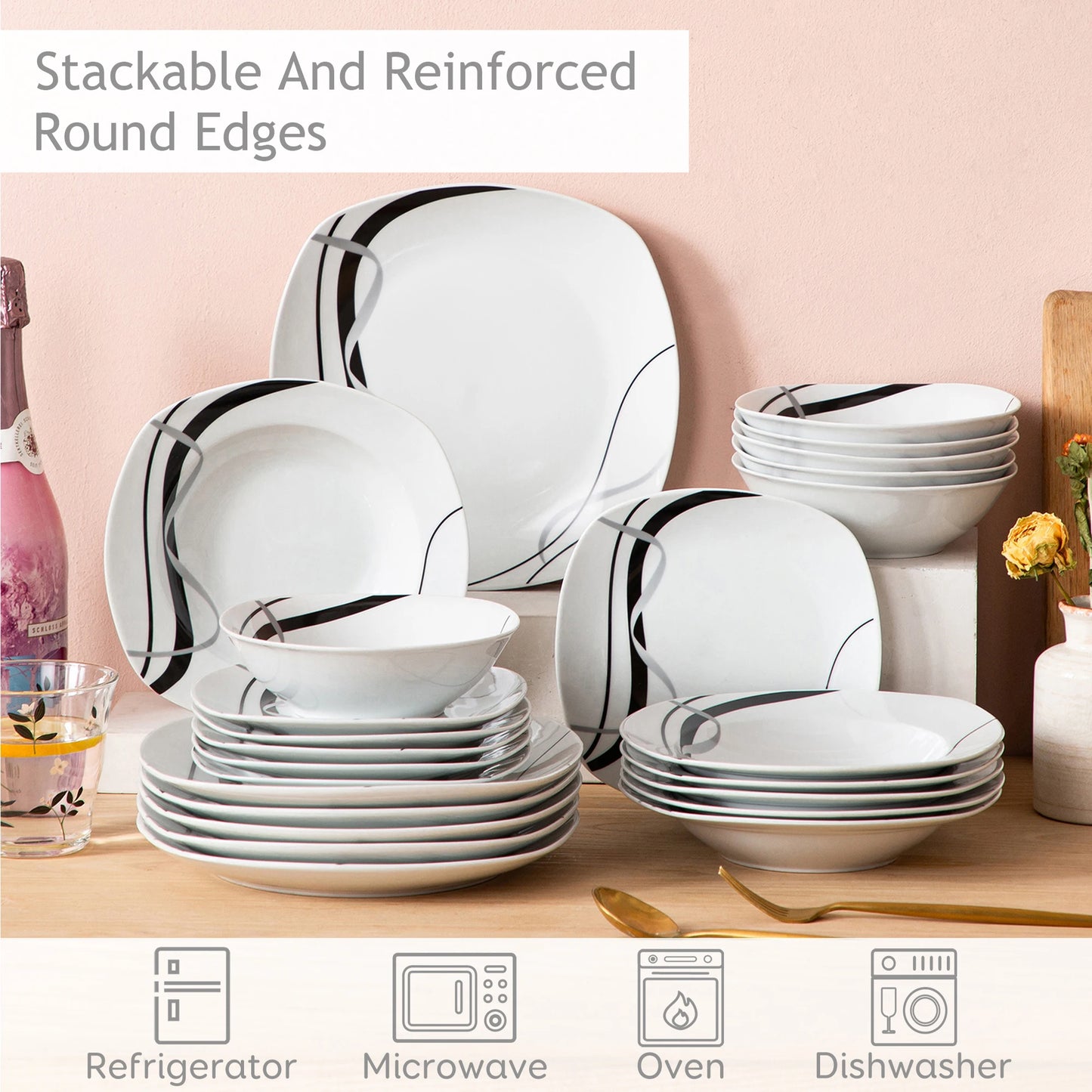 18/36-Piece Porcelain Ceramic Black Line Tableware Plate Set