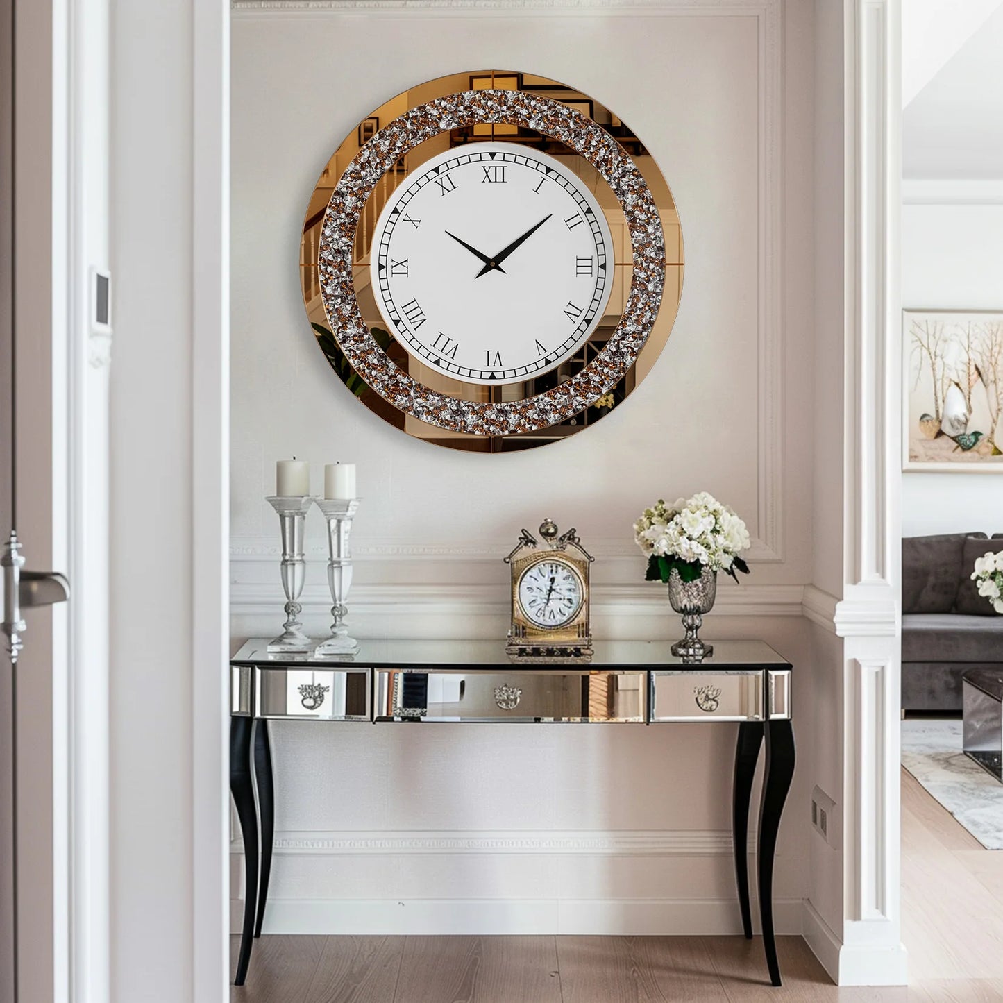 Silver, Tawny Tinted Crush Diamond Large Mirrored Wall Clock