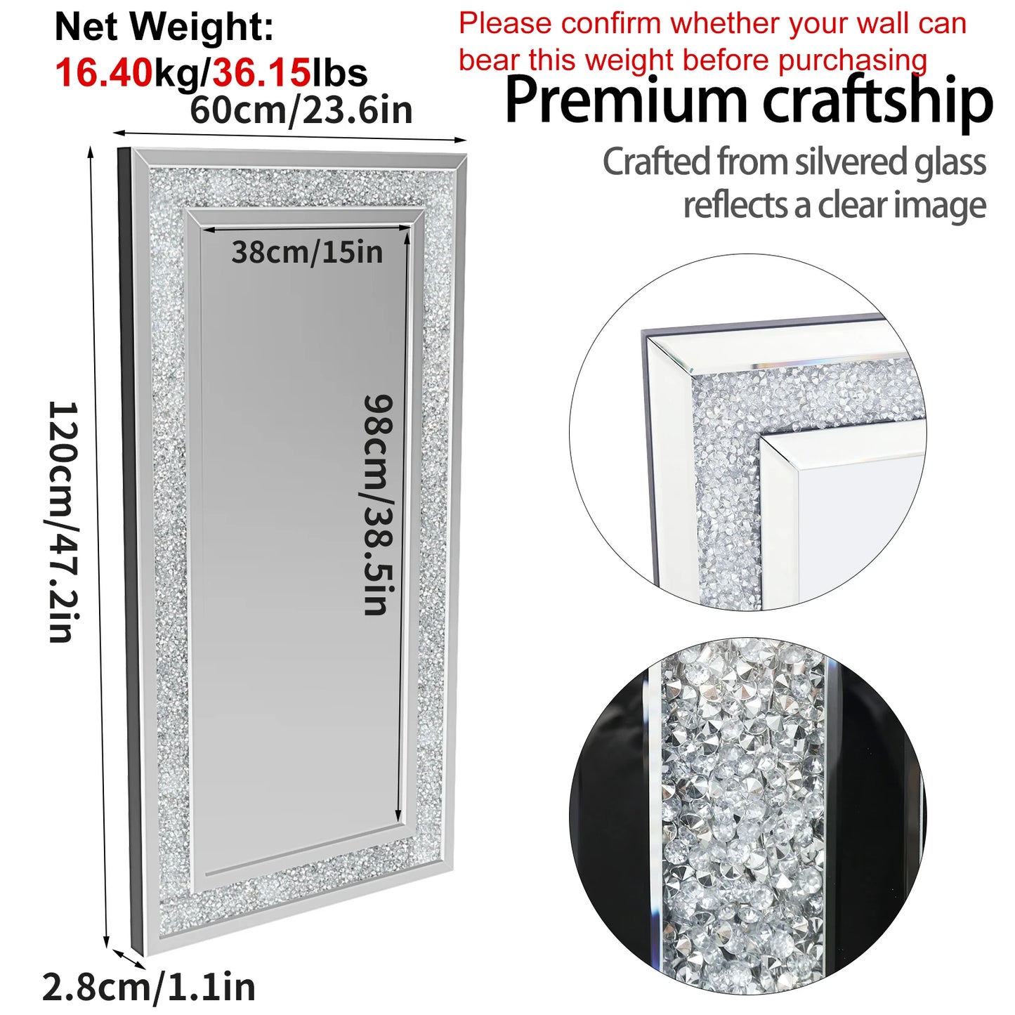 Crystal Crushed Diamond Rectangular Wall Mirror