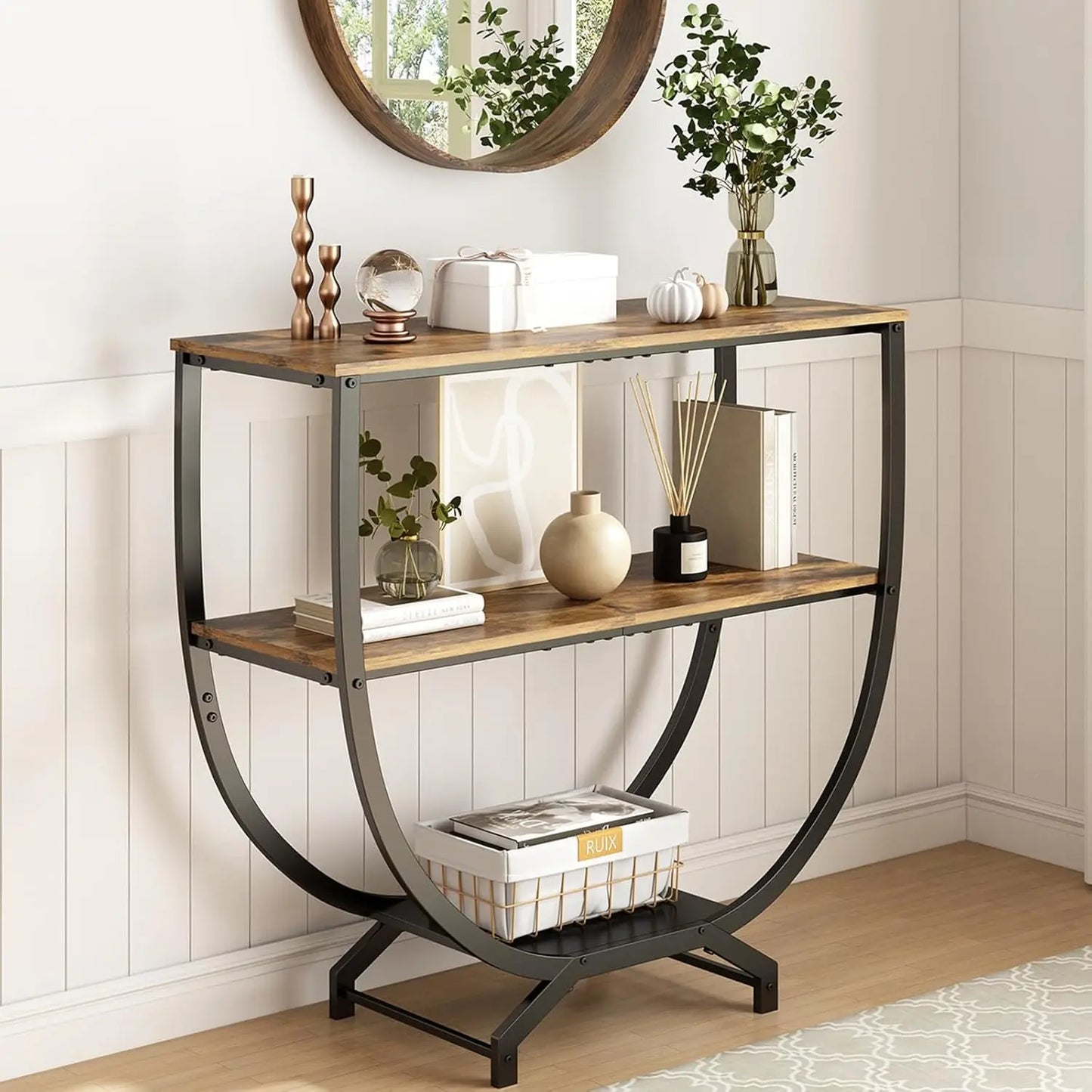 Rustic Brown 3-Tier Console Table with Storage