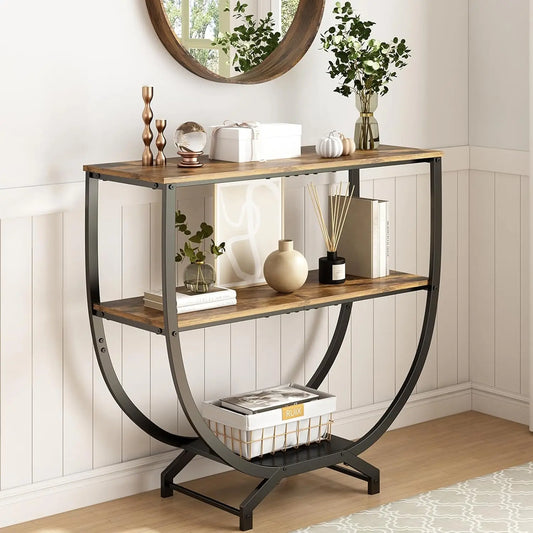 Rustic Brown 3-Tier Console Table with Storage