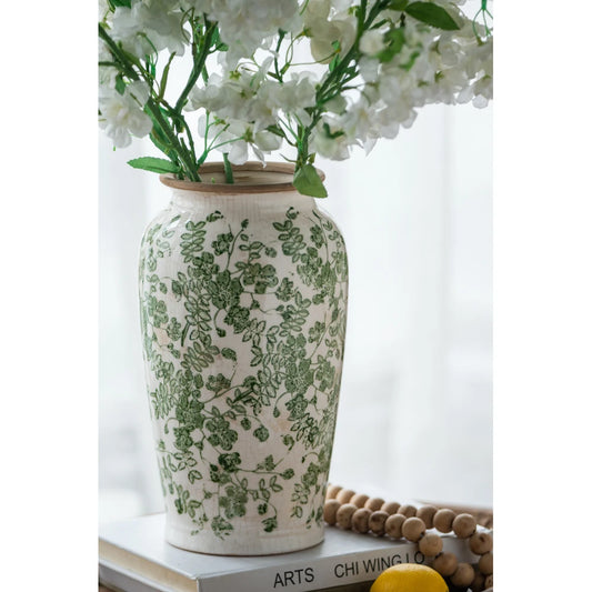 White Ceramic Flower Vase with Green Floral Pattern
