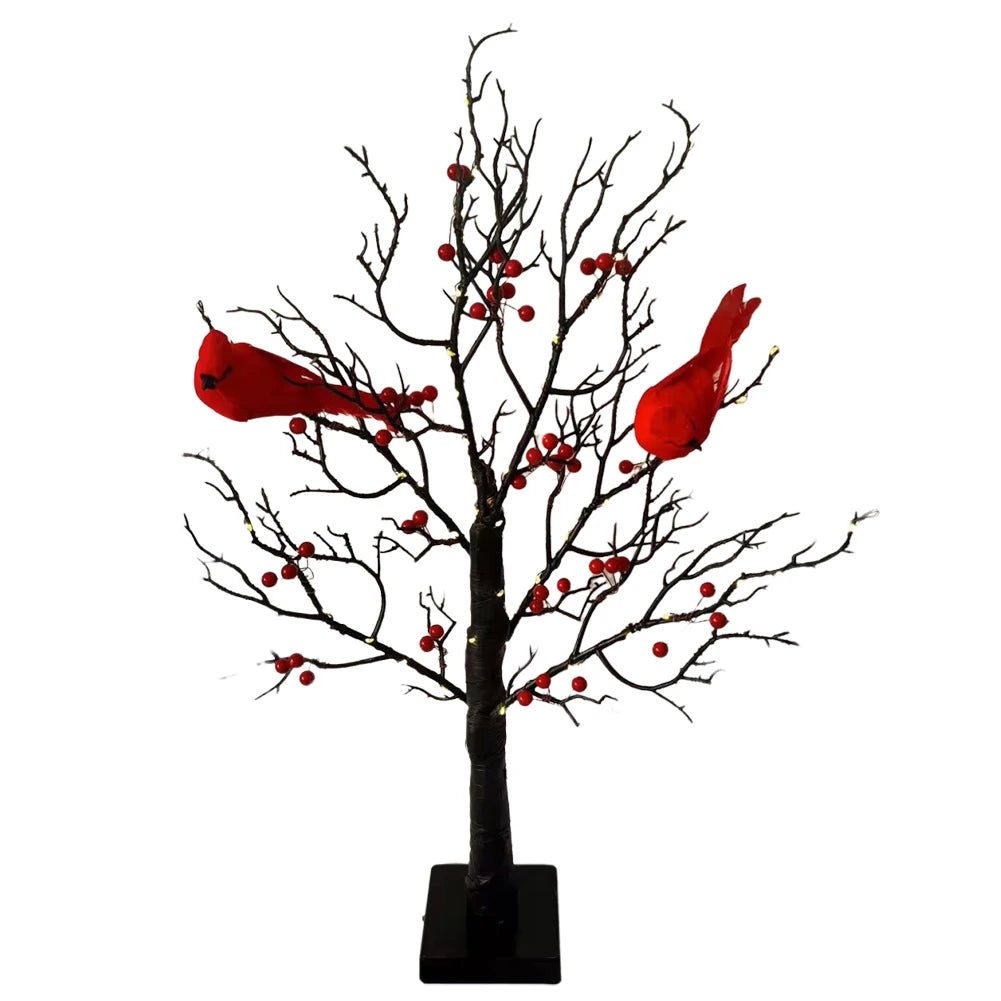 LED Light Tree Red Bird & Berries Table Decoration